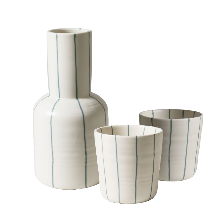 Coastal Junction Carafe Set/ Cream with Green Stripe