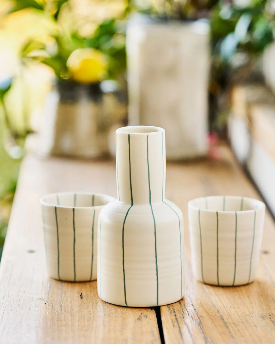 Coastal Junction Carafe Set/ Cream with Green Stripe
